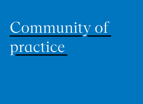 Blue square with white text that says "Community of practice" with a black underline. 